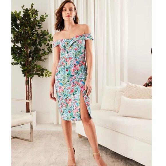 NWT Aidan by Aidan Mattox Off the Shoulder Floral Dress Lilac Multi Size 10 - Picture 1 of 16